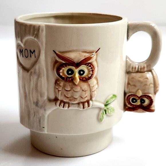 Vintage 1980s Enesco Owl Stacking Mug – 3D Ceramic Coffee Cup - Mom Tree Carving - Picture 4 of 13